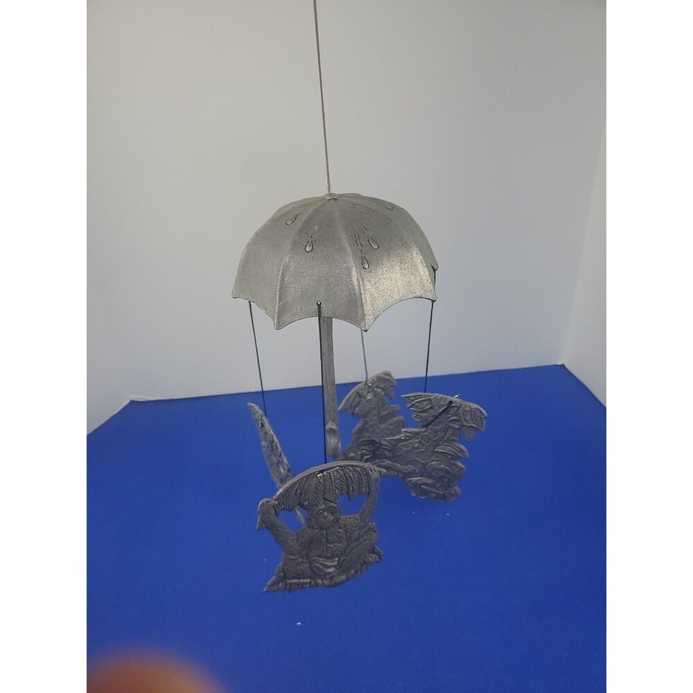 Vintage 1992 Carson Pewter Canopy Wind Chime Rain Monkey Turtles Giraffe Bear